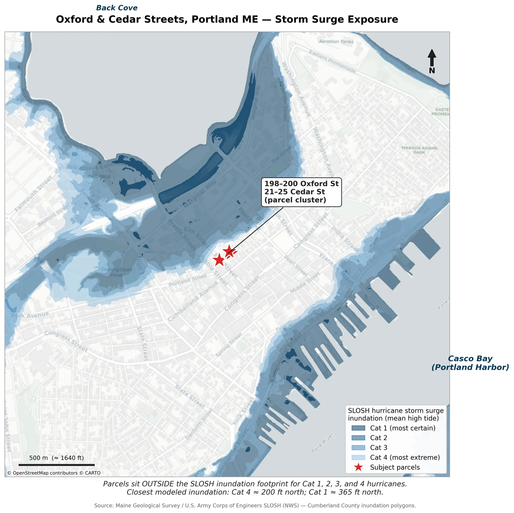 SLOSH hurricane storm-surge inundation Cat 1-4 at mean high tide — parcels outside every footprint.