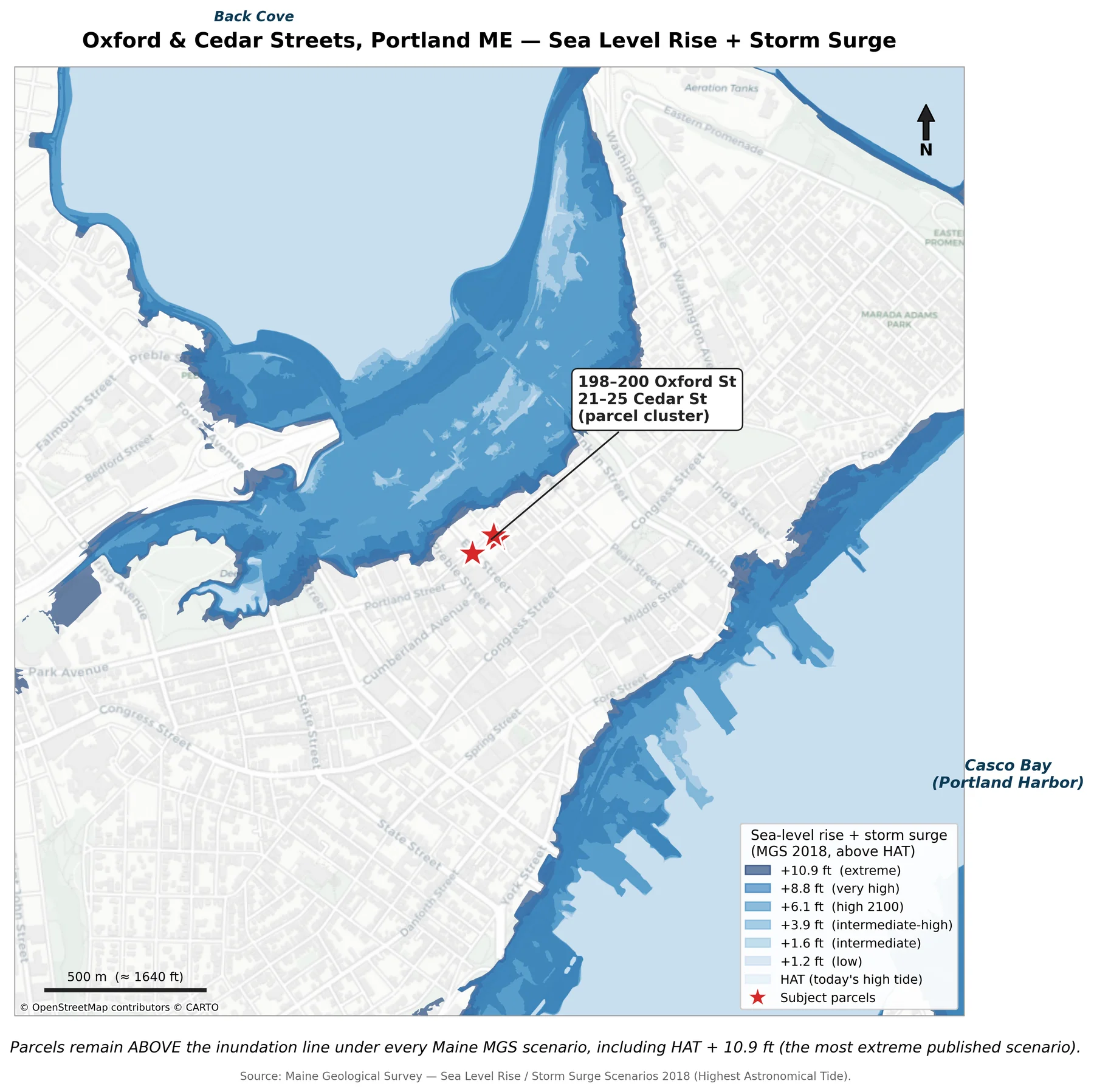 Maine Sea Level Rise + Storm Surge scenarios from HAT through HAT plus 10.9 feet — parcels above inundation line in every scenario.