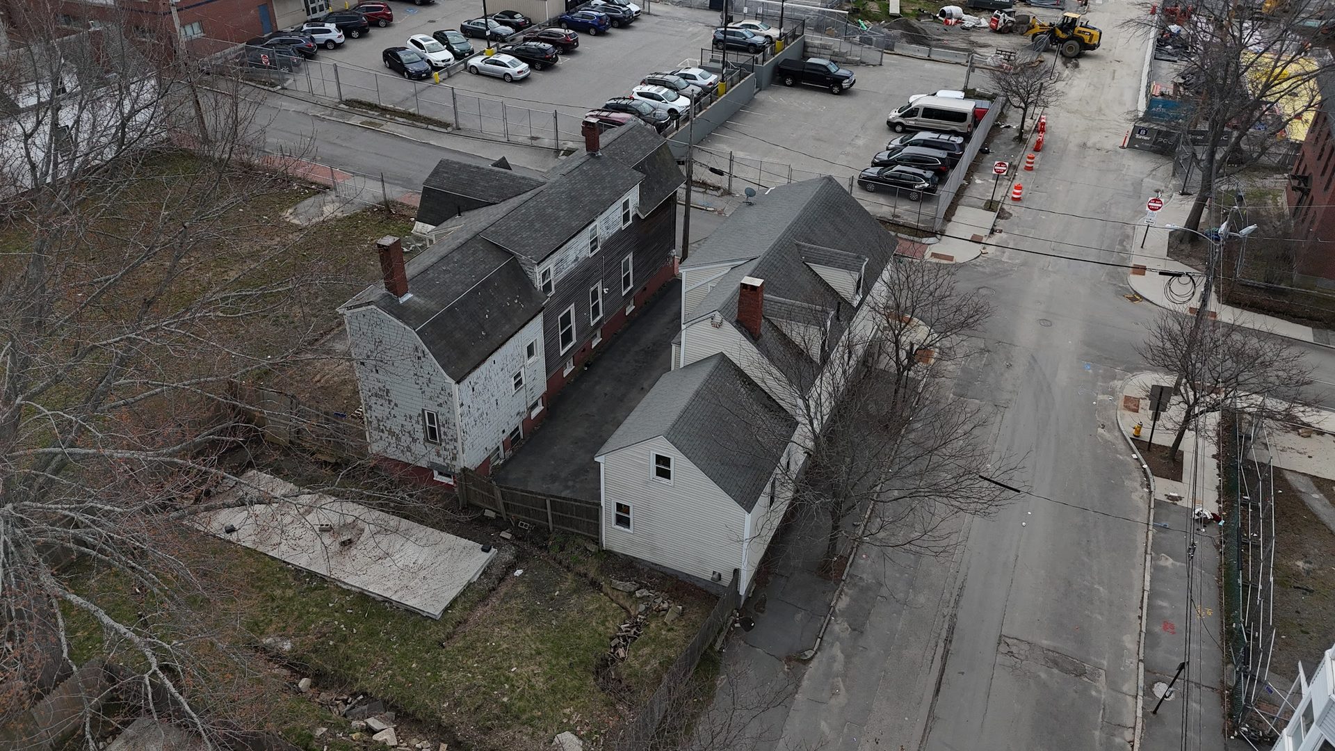 Aerial view of 198 Oxford and the vacant 200 Oxford lot with parking lot across the street.