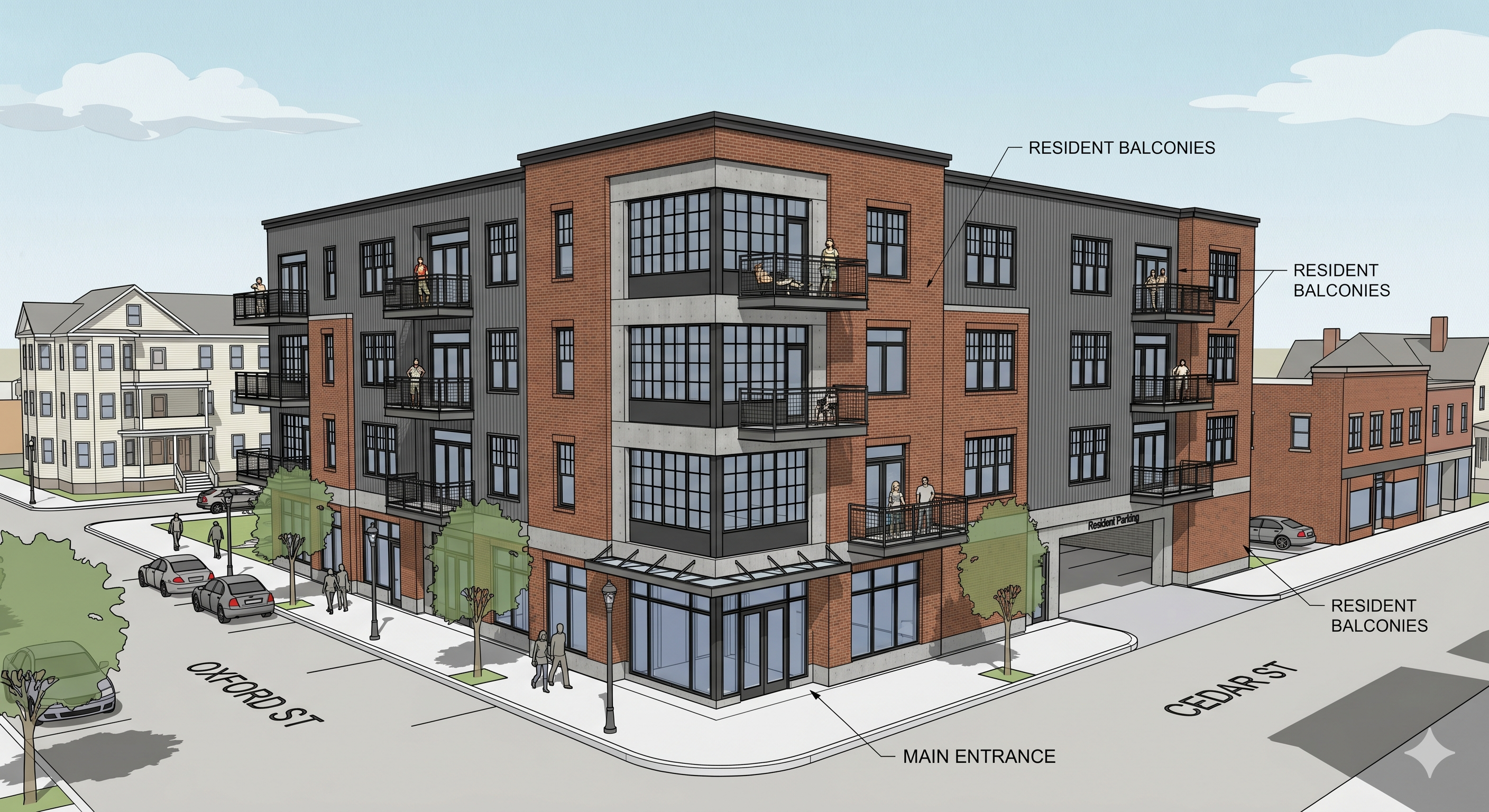 Architectural rendering of a four-story brick building at the corner of Oxford and Cedar streets, daytime.