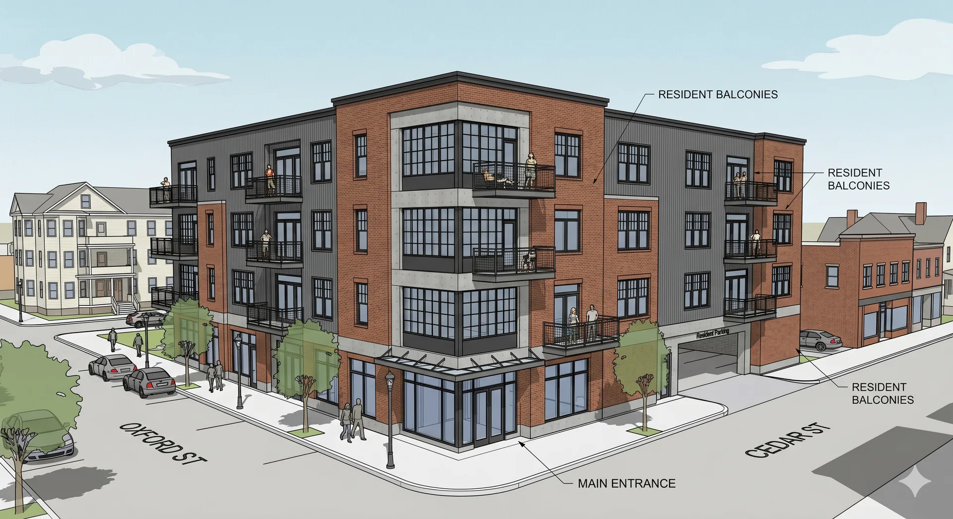 Architectural rendering of a four-story brick building at the corner of Oxford and Cedar streets, daytime.