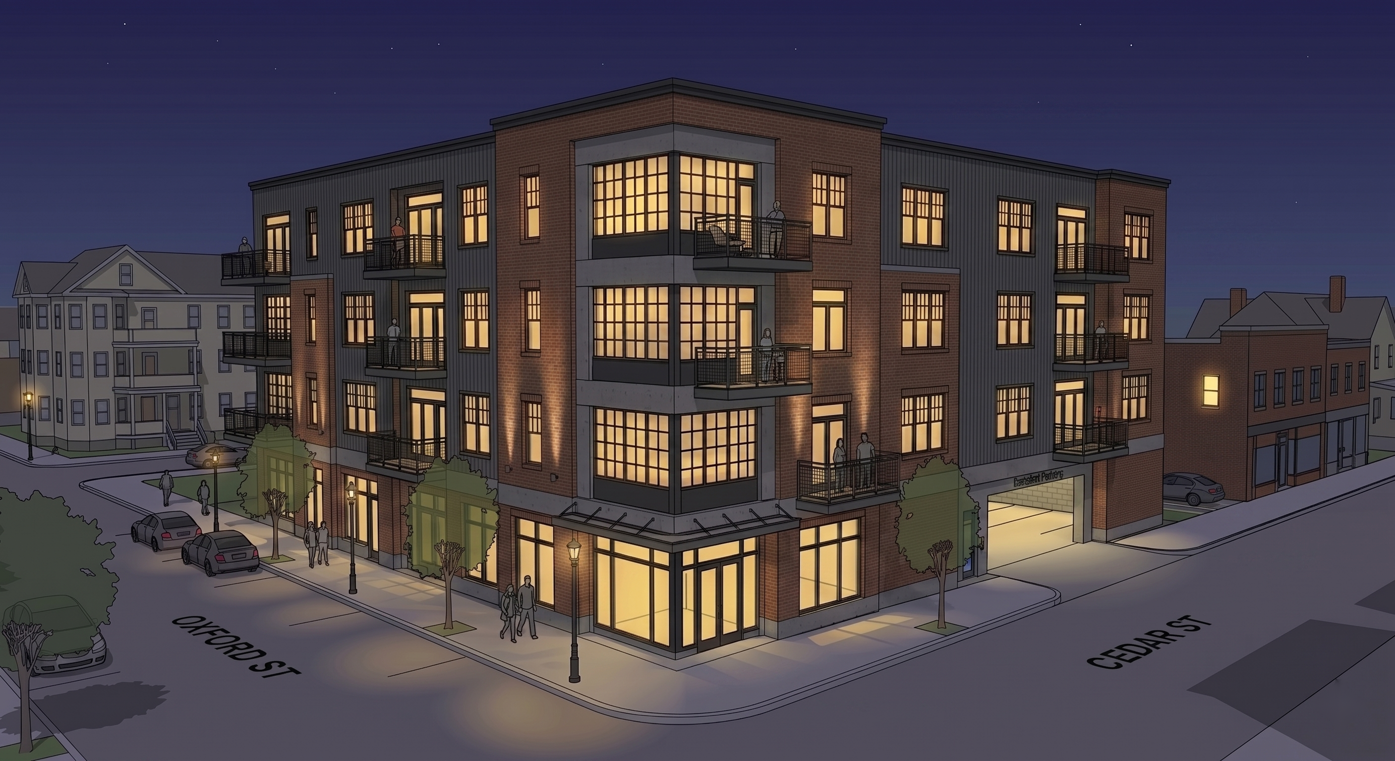 Architectural rendering of a four-story corner building at Oxford and Cedar streets at night, with lit windows and balconies.