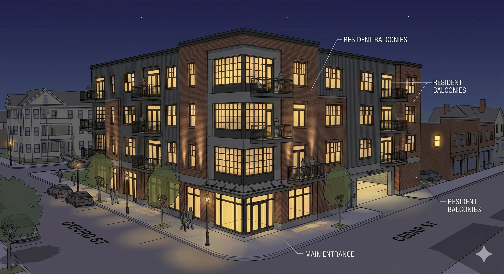 Architectural rendering of a four-story corner building at Oxford and Cedar streets at night, with lit windows and balconies.