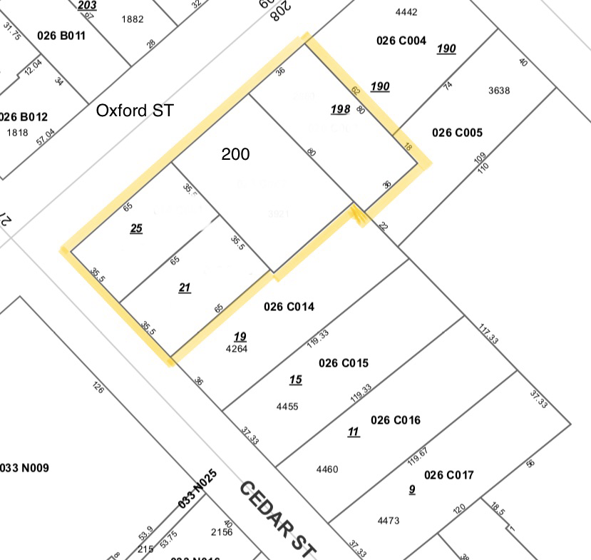 City of Portland tax map showing four parcels — 198 Oxford, 200 Oxford, 21 Cedar, 25 Cedar — outlined in yellow at the corner of Oxford Street and Cedar Street.